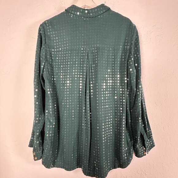 Anthropologie Pilcro Womens Sequin Button-Up Shirt Blouse Medium Green Pocket - Picture 2 of 9